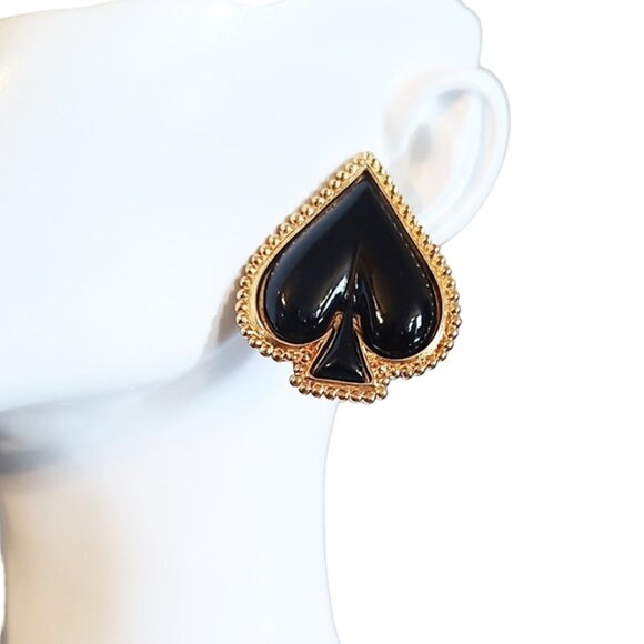 1990s Vintage Large Black & Gold Heart Shaped Pierced Post Earrings By Trifari - Picture 3 of 6